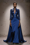 Sparkly Royal Blue High Neck Mermaid Long Sequin Evening Dress with Cape