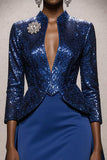 Sparkly Royal Blue High Neck Mermaid Long Sequin Evening Dress with Cape