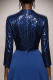 Sparkly Royal Blue High Neck Mermaid Long Sequin Evening Dress with Cape