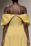 Sparkly Daffodil Off the Shoulder Mermaid Maxi Evening Dress with Sequins
