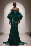 Sparkly Dark Green Strapless Mermaid Long Sequin Gala Dress with Sleeves
