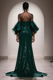 Sparkly Dark Green Strapless Mermaid Long Sequin Gala Dress with Sleeves