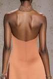 Sparkly Orange Halter Satin Mermaid Maxi Evening Dress with Beading