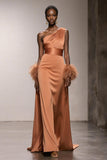 Orange One Shoulder Satin Mermaid Maxi Formal Dress with Feathers