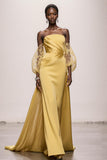 Daffodil Strapless Mermaid Satin Ruched Long Gala Dress with Sleeves