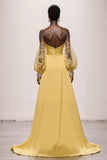 Daffodil Strapless Mermaid Satin Ruched Long Gala Dress with Sleeves