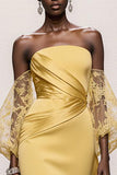 Daffodil Strapless Mermaid Satin Ruched Long Gala Dress with Sleeves