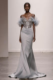 Sparkly Silver Off the Shoulder Satin Mermaid Maxi Gala Dress with Sequins