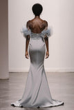 Sparkly Silver Off the Shoulder Satin Mermaid Maxi Gala Dress with Sequins