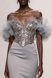 Sparkly Silver Off the Shoulder Satin Mermaid Maxi Gala Dress with Sequins