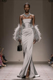 Silver Strapless Mermaid Long Satin Formal Dress with Slit