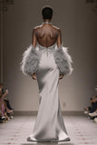 Silver Strapless Mermaid Long Satin Formal Dress with Slit