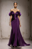 Purple Satin Off the Shoulder Mermaid Maxi Formal Dress with Feathers