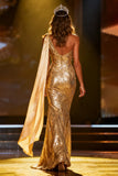 Sparkly Sequin Gold Mermaid Long Pageant Dress with Side Cape