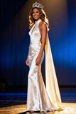 White Mermaid Halter Satin Maxi Pageant Dress with Cape