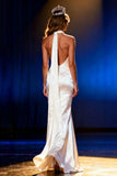 White Mermaid Halter Satin Maxi Pageant Dress with Cape