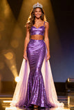 Sparkly Purple Sequin 2 Piece Mermaid Long Pageant Dress