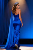 Royal Blue Satin One Shoulder Mermaid Long Pageant Dress with Cape