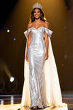 Sparkly Silver Sequin Off the Shoulder Maxi Pageant Dress with Cape