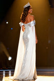 Sparkly Silver Sequin Off the Shoulder Maxi Pageant Dress with Cape