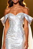 Sparkly Silver Sequin Off the Shoulder Maxi Pageant Dress with Cape
