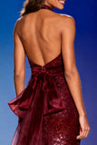 Sparkly Burgundy Sequin Mermaid Halter Long Pageant Dress with Bow
