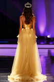 Yellow Satin Mermaid Spaghetti Straps Long Pageant Dress with Cape