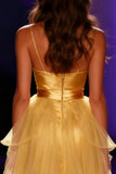 Yellow Satin Mermaid Spaghetti Straps Long Pageant Dress with Cape
