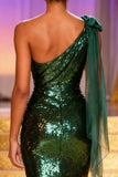 Sparkly Dark Green One Shoulder Sequin Long Pageant Dress with Slit