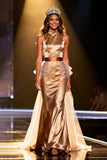 Champagne High Neck Mermaid Satin Long Pageant Dress with Cape