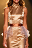 Champagne High Neck Mermaid Satin Long Pageant Dress with Cape