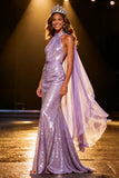 Sparkly Light Purple Sequin Halter Mermaid Maxi Pageant Dress