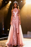 Sparkly Light Pink Halter Sequin Mermaid Long Pageant Dress with Sash