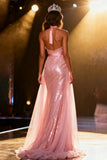 Sparkly Light Pink Halter Sequin Mermaid Long Pageant Dress with Sash