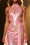 Sparkly Light Pink Halter Sequin Mermaid Long Pageant Dress with Sash