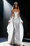 Sparkly Silver Sweetheart Mermaid Sequin Long Pageant Dress with Shawl