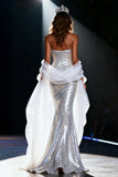 Sparkly Silver Sweetheart Mermaid Sequin Long Pageant Dress with Shawl