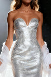 Sparkly Silver Sweetheart Mermaid Sequin Long Pageant Dress with Shawl