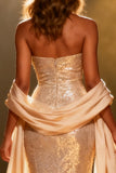 Sparkly Champagne Mermaid Strapless Sequin Long Pageant Dress with Shawl