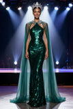 Sparkly Dark Green Mermaid Sequin Halter Long Pageant Dress with Cape