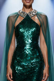 Sparkly Dark Green Mermaid Sequin Halter Long Pageant Dress with Cape