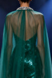 Sparkly Dark Green Mermaid Sequin Halter Long Pageant Dress with Cape