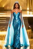 Sparkly Lake Blue Mermaid Sequin Sweetheart Long Pageant Dress with Cape