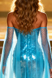 Sparkly Lake Blue Mermaid Sequin Sweetheart Long Pageant Dress with Cape