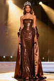 Sparkly Coffee Mermaid Sequin Long Pageant Dress with Shawl