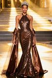 Sparkly Coffee Sequin Mermaid Halter Long Pageant Dress with Shawl