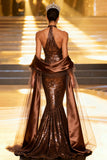 Sparkly Coffee Sequin Mermaid Halter Long Pageant Dress with Shawl