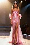 Sparkly Light Pink Mermaid Sequin Long Pageant Dress with Bow