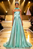 Sparkly Mint Green Strapless A Line Sequin Long Pageant Dress