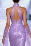 Sparkly Sequins Light Purple V-Neck Mermaid Long Pageant Dress